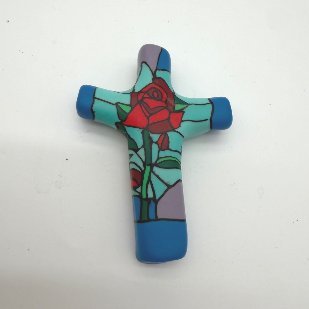 Handmade Pocket Prayer Cross Unisex‎ Small Multicolor Rose Clay 3x2"